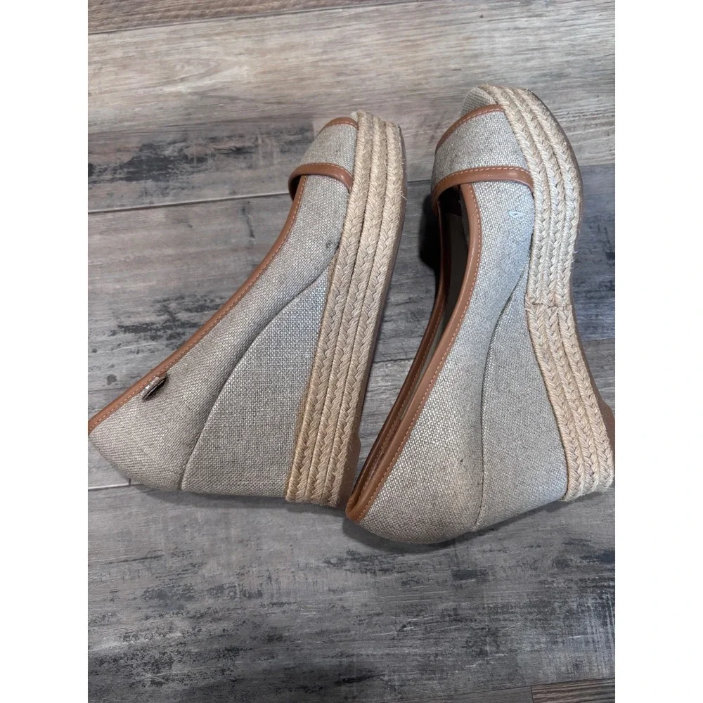 Tory Burch Beige Linen Logo Espadrille Wedge Sandal Coastal Preppy Old Money 6.5
